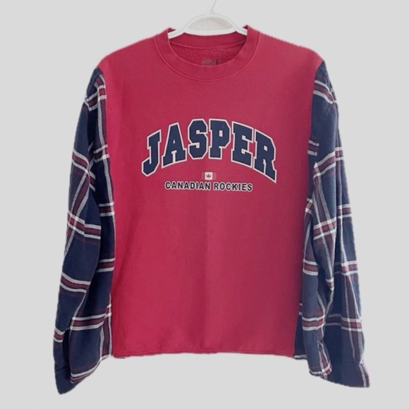 Upcycled “Jasper Rocky Mountains” sweatshirt with flannel. - Picture 2 of 5